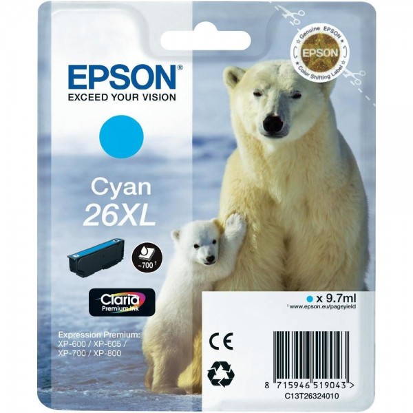 Epson Tinte 26XL Eisbär Cyan für Expression Premium XP-600 XP-605 XP-700 XP 800