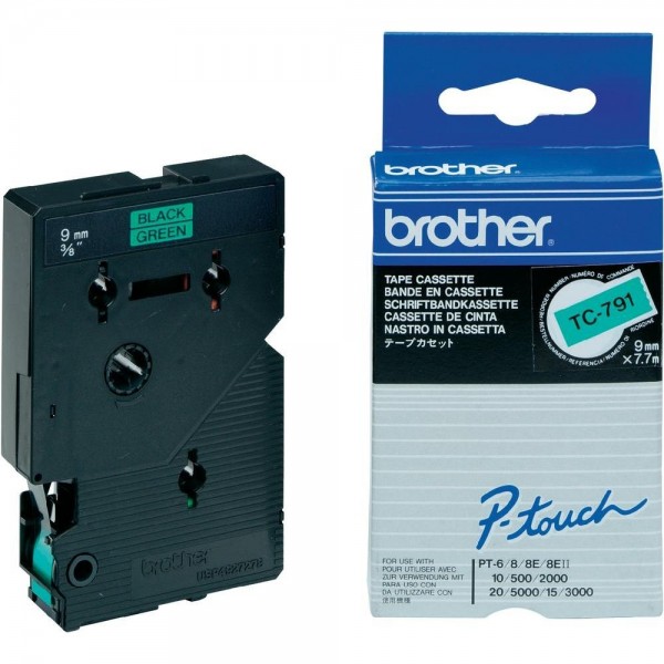 Brother TC791 P-TOUCH 9mm Schwarz auf Grün 7,7m laminated