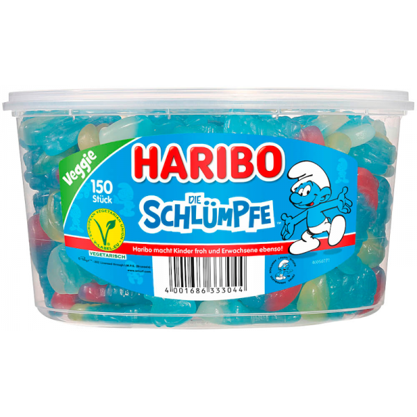Haribo Schlümpfe 150 Stück Dose 1.350g Fruchtgummi mit Schaumzucker