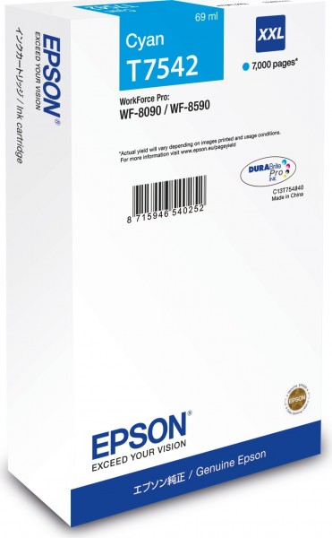 Epson T7542 Tintenpatrone XXL Cyan für WorkForce Pro WF-8090 Pro WF-8590