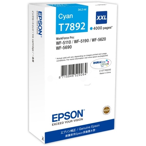 Epson T7892 Tinte XXL Cyan Epson WF-5110DW WF-5190DW WF-5620DWF WF-5690DWF