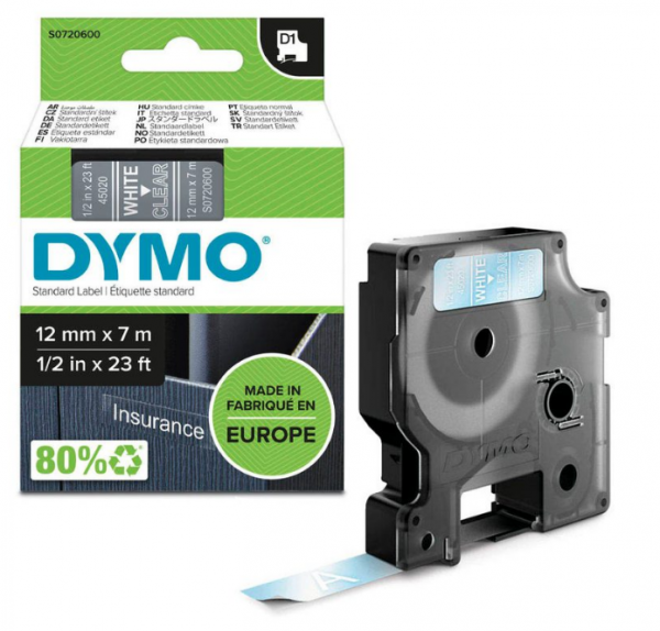 Dymo Band D1 12mm x 7m weiss auf transparent S0720600