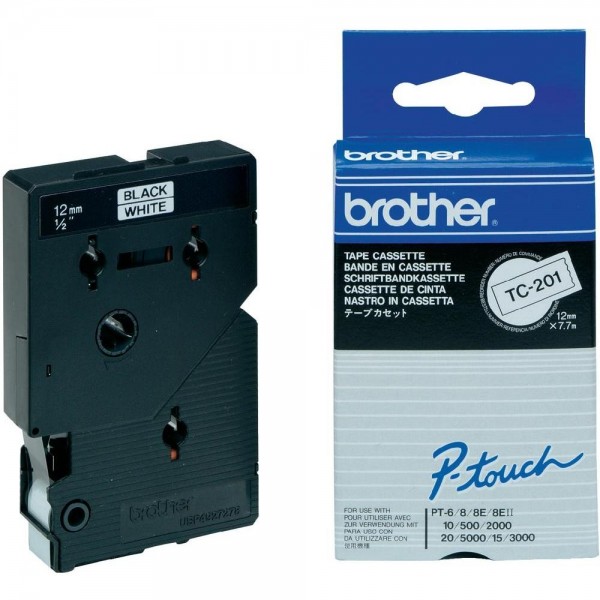 Brother TC201 P-TOUCH 12mm Schwarz auf Weiß 7,7m laminated