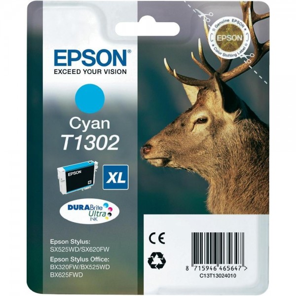 Epson Hirsch Tintenpatrone T1302 Cyan XL Stylus SX525WD SX620FW BX525WD BX625FDW