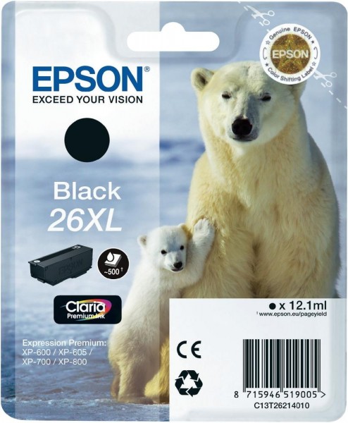Epson Tinte 26XL Eisbär Black für Expression Premium XP-600 XP-605 XP-700 XP 800