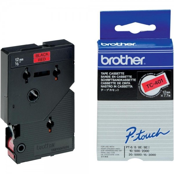 Brother TC401 P-TOUCH 12mm Schwarz auf Rot 7,7m laminated