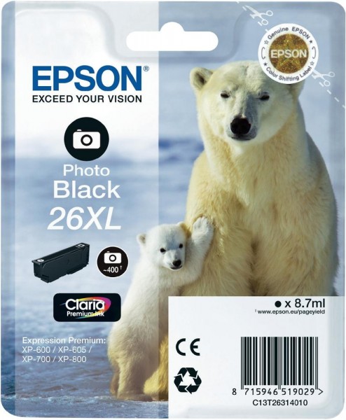 Epson Tinte 26XL Eisbär Photo Black für Expression Premium XP-600 XP-605 XP-700 XP 800