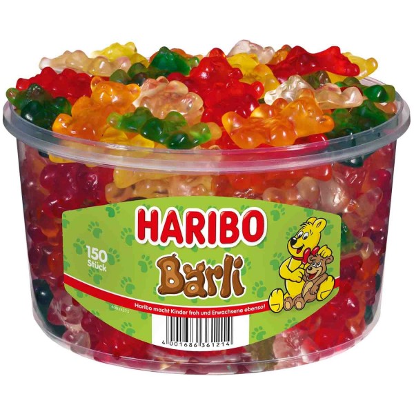 Haribo Bärli 150 Stück Runddose 1.200g Ananas, Apfel, Erdbeere, Himbeere, Orange und Zitrone