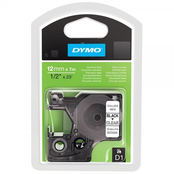 Dymo Schriftband D1 45010 S0720500, 12 mm schwarz auf transparent