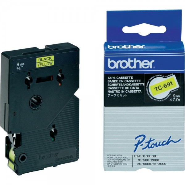 Brother TC691 P-TOUCH 9mm Schwarz auf Gelb 7,7m laminated